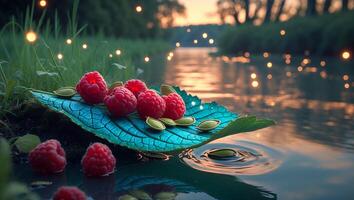 Raspberries and Seeds on Leaf Floating on Water at Sunset photo