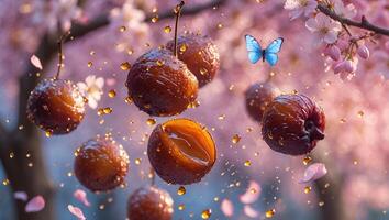 Floating Round Fruit with Drops and a Butterfly Among Cherry Blossoms photo
