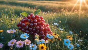 Ripe Redcurrant Bunch in Flower Meadow at Sunset with Sun Flare photo