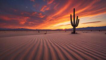 Cactus Silhouette at Sunset in Sandy Desert with Dramatic Colorful Sky photo
