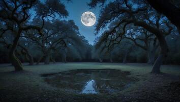 Reflections of Full Moon in Pond Surrounded by Mysterious Trees photo