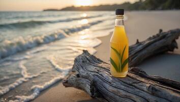 Bottle with Juice Resting on Driftwood at the Beach During Sunset photo