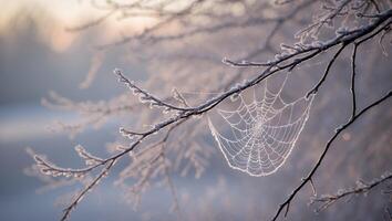 Icy Web Hanging From Branches in Winter Haze Nature Scene photo