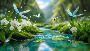 Dragonflies Flying Above a Serene Stream with White Flowers photo