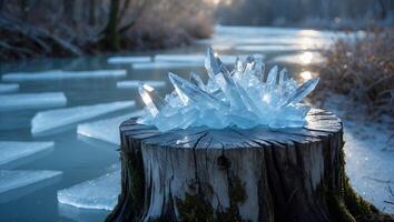 Blue Crystals on Tree Stump Near Frozen River with Ice Floes photo