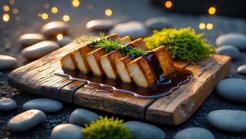 Grilled Tofu with Sauce on Wood Board Surrounded by Stones photo