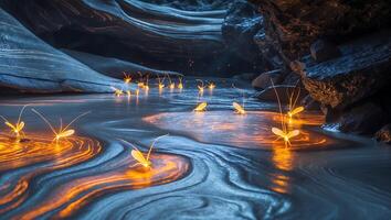 Glowing Insects in Still Water Reflecting Light in Dark Canyon photo