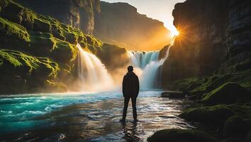Person Watching Scenic Waterfall During Golden Hour with Mountain Views photo