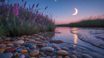 Tranquil River Scene with Lavender Flowers at Dusk and Crescent Moon photo
