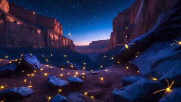Glowing Lights Illuminate Desert Canyon Landscape Under Starry Night Sky photo