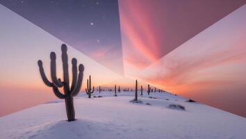 Cactus Standing in Snowy Landscape Under Colorful Sunset Sky photo