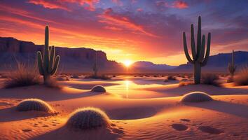 Desert Landscape at Sunset with Cacti and Colorful Sky Reflection photo