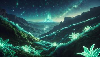Glowing Plants in Valley Leading to Distant Fantasy City at Night photo