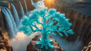 Glowing Tree Standing Amidst Waterfalls and Canyon Landscape with Golden Light photo