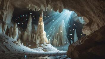 Exploring a Mysterious Cave with Stalactites and Butterflies Under Beams photo