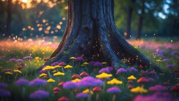 Idyllic Tree Base in Fairy Glade with Colorful Flowers and Lights photo