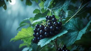 Black Currant Berries Growing on Vine with Green Leaves photo