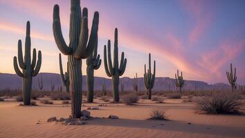 Cactus Field in Desert Landscape with Mountain Background at Sunset photo