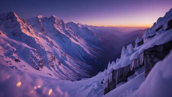 Snowy Mountain Range at Dusk with Icicles and Colorful Sky photo