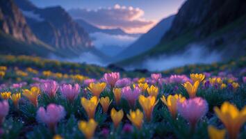 Blooming Flower Meadow in Mountain Valley with Misty Atmosphere at Dusk photo