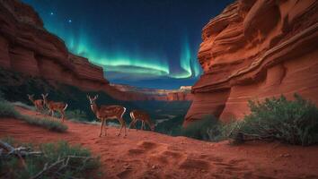 Deer Grazing Under Aurora Borealis in Canyon Landscape at Night photo