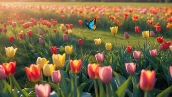 Blooming Tulips with Butterfly in a Sunny Spring Flower Field photo