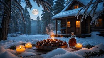 Preparing Chestnuts in Snowy Cabin Setting with Glowing Candles and Moon photo