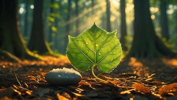 Single Green Leaf with Water Droplets in Forest Sunlight Setting photo