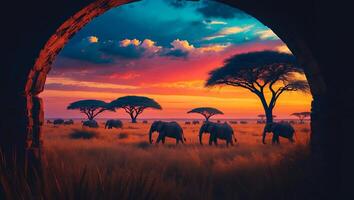Elephants Walking Savannah at Sunset Through Stone Archway View photo