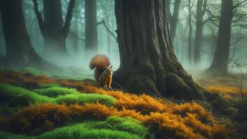Squirrel Standing on Colorful Moss in a Foggy Forest Scene photo
