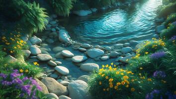 Small River Flowing Through a Lush Meadow with Rocks and Flowers photo