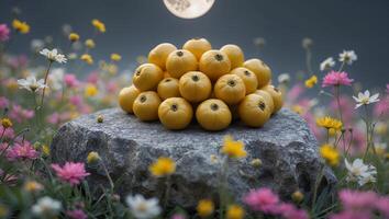 Pile of Yellow Fruits on Rock Among Wildflowers at Night photo
