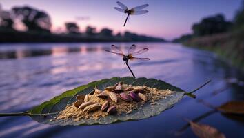 Dragonflies Hovering Near Leaf with Seeds on Calm River at Dusk photo