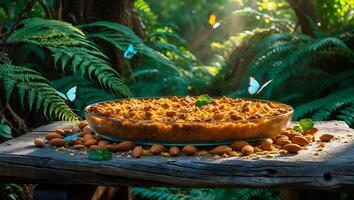 Delicious Almond Crumble Pie with Forest Setting and Flying Butterflies photo