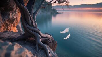 Cliffside Tree Overlooking Still Lake Waters with Floating White Feathers photo