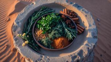 Assortment of Spices and Herbs in Stone Bowl on Desert Sand photo