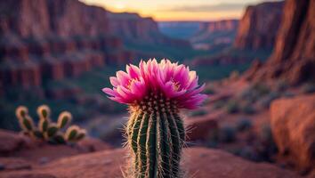Cactus Blooming Pink Flowers in Desert Landscape with Mountain Views photo