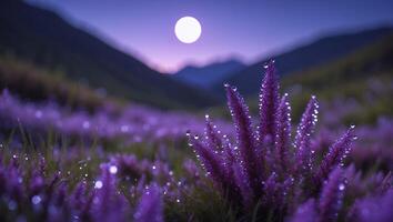 Purple Grass with Water Droplets at Night Under a Full Moon photo