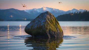Rock in Calm Lake with Moss and Insects at Sunset photo