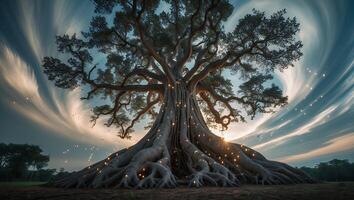Majestic Old Tree Spreads Roots Under Swirling Sky with Light photo
