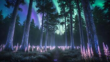 Enchanted Forest Path with Aurora Borealis and Glowing Flora Scene photo