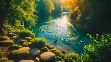 Ducks Swimming on Calm River with Reflections Surrounded by Greenery photo