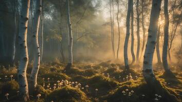 Foggy Forest Glade with Birch Trees and Small Mushroom Patches photo