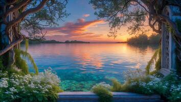 Lake View at Sunset From Stone Balcony with Floral Decoration photo