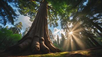 Looking Up at Giant Sequoia Tree with Sun Rays in Forest photo
