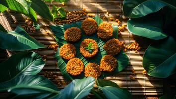 Homemade Lentil Cakes on Banana Leaf Surrounded by Lush Greenery photo