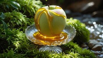 Golden Honey Dripping Over a Green Apple on Mossy Ground photo