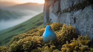 Surreal Blue Pear on Mossy Hillside with Distant Mountain View photo