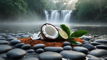 Coconut Lime Arrangement by Waterfall Serene Spa Relaxation Background photo
