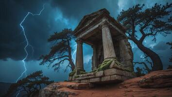Ancient Stone Structure Stands Amidst a Dramatic Lightning Storm photo